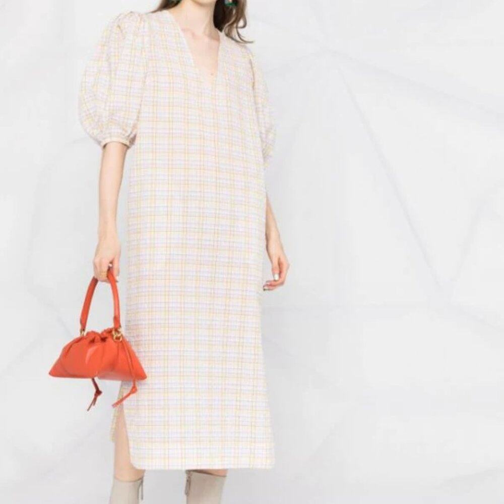 GANNI Seersucker Check Print Puff Sleeve Midi Dress - Picture 3 of 14
